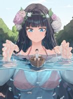 bikini breasts drawing giantess mega black_hair color large_breasts long_hair swimsuit blue_eyes cleavage water underwater unknown_artist unaware lake boats source_needed fish looking_at_tiny flower_in_hair