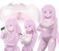 breasts drawing giantess color large_breasts long_hair cleavage blue_hair pink_hair green_hair red_hair unknown_artist shrunken_woman jacket point_of_view source_needed zipper sweatpants pink_skin between_breasts