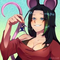 breasts drawing giantess tail black_hair color large_breasts long_hair cleavage bra brunette smiling unknown_artist shrunken_woman pants dangle mouse_girl source_needed no_background pinched looking_at_tiny mouse_ears hair_streak