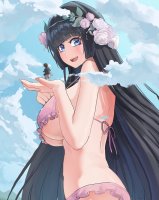 breasts drawing giantess mega black_hair color large_breasts long_hair swimsuit blue_eyes handheld cleavage brunette clouds looking_at_viewer source_needed in_palm flower_in_hair bare_midriff elppa