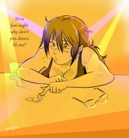 breasts drawing monochrome large_breasts cleavage glasses brunette sweat brown_eyes ponytail glass drink table shrunken_person dialogue source_needed looking_at_tiny picojin