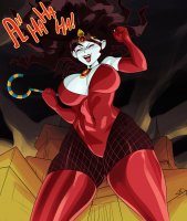 breasts drawing giantess city mega black_hair color large_breasts long_hair handheld cleavage buildings gloves boots fishnets cartoon laughing thighs freckles closed_eyes point_of_view necklace leotard tiara white_skin powerpuff_girls pointed_ears sedusa scepter slugmanoctavio3 cartoon_network professor_utonium