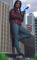 breasts giantess city mega black_hair long_hair handheld buildings helicopter jeans shoes street vehicles dark_skin leaning_against_building shirt braid native police_car native_american digital_render allthesizepuns