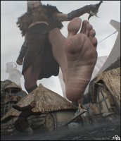 breasts giantess mega blonde long_hair destruction giant handheld toes barefoot rampage skirt buildings gloves village tower tattoo point_of_view braid ships running_away imminent_crush viking digital_render loincloth bare_legs bare_midriff oyg-3d