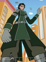 breasts drawing giantess city mega black_hair color skirt buildings smiling gloves short_hair boots uniform pants dark_skin railing fist avatar point_of_view belt leaning_on_building korra zeppelin looking_at_tiny legend_of_korra misterj02 kuvira