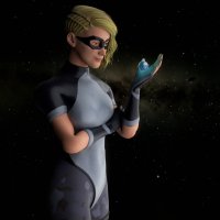 breasts giantess earth giga blonde space large_breasts butt planet green_eyes superhero gloves short_hair mask thighs costume stars looking_at_tiny digital_render cosmic_giantess high_rise justablenderusername