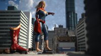 breasts giantess city mega blonde large_breasts long_hair butt handheld barefoot buildings gloves street boots vehicles thighs truck costume van thick_thighs water_tower digital_render marvel_comics amgipi captain_marvel carol_danvers