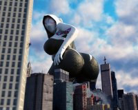 breasts giantess city mega large_breasts butt buildings climbing kneeling mask thighs costume point_of_view new_york_city hands_on_hips looking_behind hood crane thick_thighs looking_at_tiny digital_render gwen_stacy spider-man marvel_comics chrysler_building spider-gwen peter_parker meirrii