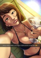 bikini breasts drawing black_hair color large_breasts swimsuit barefoot cleavage brunette brown_eyes asian short_hair sitting phone drink pool shrunken_woman shrunken_man swimming hawaii necklace looking_at_viewer saeko martini_glass zerohour99 bare_midriff between_breasts