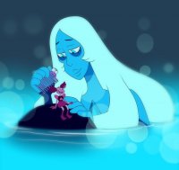 drawing gentle giantess white_hair color long_hair blue_eyes water pink_hair gloves unknown_artist twintails pink_eyes shorts blue_skin rock source_needed looking_at_tiny steven_universe pink_skin blue_diamond spinel comb