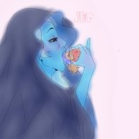 drawing giantess white_hair color tongue blue_eyes licking handheld saliva blue_skin cape hood no_background looking_at_tiny steven_universe blue_diamond greg_universe saltguts97