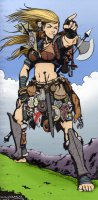 breasts drawing giantess mega blonde color long_hair armor blue_eyes sword fantasy toes barefoot bra skirt gloves unknown_artist mountains earrings belt pointing map hands_on_hips source_needed backpack axe shield deer on_shoulder bare_legs makeshift_clothing bare_midriff