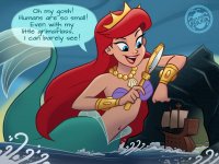 breasts drawing giantess tail mega color long_hair blue_eyes bra water ocean mermaid smiling red_hair crown cave magnifying_glass disney necklace ships ariel the_little_mermaid bracelet dialogue leaning_against cliff looking_at_tiny seashell_bra bare_midriff spunkbug