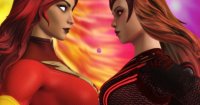 breasts giantess giga mega blonde space long_hair planet brunette multiple_sizes gloves red_hair giantesses tiara phoenix x-men glowing_eyes digital_render jean_grey marvel_comics scarlet_witch captain_marvel between_breasts carol_danvers eegnol