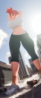 hair_pin bikini breasts giantess city mega large_breasts destruction cleavage buildings socks street red_hair ponytail short_hair frankie_foster pants vehicles reflection thighs stretching closed_eyes point_of_view earrings cracked_pavement digital_render fosters_home_for_imaginary_friends bare_midriff cartoon_network coolsoda3d