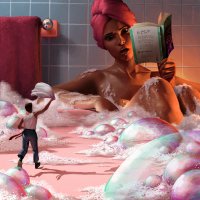 breasts drawing color bath wet jeans shrunken_man reflection bathroom towel belt book reading soapy looking_at_tiny matthewhuntley