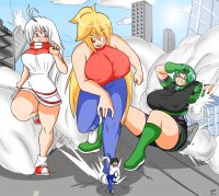 breasts drawing giantess white_hair city mega blonde black_hair color long_hair destruction blue_eyes skirt buildings glasses red_eyes huge_breasts shoes gloves green_hair short_hair unknown_artist shorts giantesses pants leaning_against_building running_away source_needed thick_thighs bare_legs
