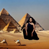 breasts giantess collage mega black_hair long_hair camel desert egypt dark_skin necklace earrings black_dress bracelet pyramids angela_bassett