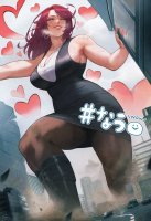 breasts drawing giantess city mega color long_hair destruction rampage cleavage buildings huge_breasts stockings smiling red_hair dress boots vehicles thighs skirts japanese_text earrings heart_symbol giantessvideo