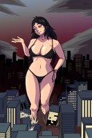 bikini breasts drawing giantess city mega black_hair color large_breasts long_hair swimsuit destruction handheld rampage cleavage buildings red_eyes falling thighs crowds hands_on_hips debris bare_legs bare_midriff looking_at_tinies mcdead11