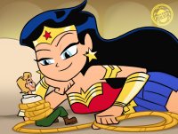 breasts drawing blonde black_hair color long_hair armor blue_eyes skirt bed pillow lying_down short_hair boots bondage shrunken_man pants indoors costume wonder_woman earrings bracelet tiara lasso looking_at_tiny dc_comics steve_trevor spunkbug