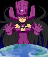 breasts drawing giantess earth giga space black_hair color large_breasts long_hair planet cleavage purple_eyes gloves costume galacta stars helmet looking_at_tiny cosmic_giantess marvel_comics metalbreakdown