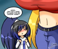 breasts drawing giantess blushing blonde black_hair color huge_breasts ponytail mini_giantess long pants sanone top belt dialogue no_background marikotohno bare_midriff hair_streak mari