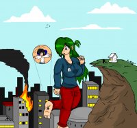 breasts drawing giantess city mega black_hair color large_breasts long_hair destruction toes barefoot buildings green_hair fire pants cliff stuck_to_foot looking_at_tiny marikotohno cutaway hair_streak shitforbrainschan deet_girl