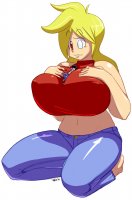 breasts drawing giantess blonde color long_hair barefoot huge_breasts kneeling shrunken_man top thick_thighs no_background looking_at_tiny marikotohno bare_midriff between_breasts mari