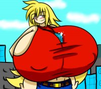 breasts drawing giantess city mega blonde color long_hair buildings pants crystal necklace top belt hands_on_hips marikotohno huge_brests