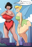 drawing giantess wings city mega blonde black_hair color large_breasts blue_eyes handheld toes barefoot cleavage skirt buildings fairy short_hair tinkerbell giantesses dark_skin disney top dialogue thick_thighs looking_at_tiny pointed_ears hair_bun bare_legs ferngully crysta bare_midriff caiman2 sxgodzilla