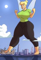 breasts drawing giantess giga wings mega color large_breasts destruction toes barefoot fairy smiling short_hair sun foot_crush tinkerbell pants clouds fist disney thick_thighs hair_bun caiman2 luvbigbootygirls