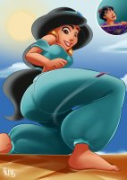 breasts drawing giantess giga mega black_hair color large_breasts long_hair butt toes barefoot cleavage desert brown_eyes smiling ponytail sun kneeling pants dark_skin carpet thighs hat jasmine aladdin disney earrings top tiara looking_at_tiny vest cutaway bare_midriff kisparlius