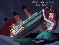 breasts drawing gentle giantess color large_breasts long_hair blue_eyes handheld water ocean princess mermaid red_hair crown queen giantesses night lifting milf disney closed_eyes ships earrings ariel the_little_mermaid crowds athena dialogue stars titanic rescue seashell_bra caiman2 iceberg