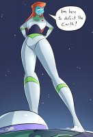 breasts drawing giantess earth giga alien space color large_breasts long_hair armor blue_eyes planet smiling boots blue_skin cartoon clouds thighs disney point_of_view stars hands_on_hips orange_hair spacesuit cosmic_giantess caiman2 buzz_lightyear_of_star_command mira_nova