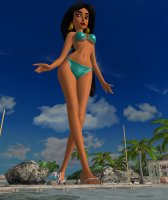 bikini breasts giantess mega black_hair large_breasts long_hair swimsuit beach toes cleavage water brown_eyes ponytail sandals boats dark_skin palm_trees jasmine aladdin disney earrings bench pier digital_render roodedude looking_at_tinies