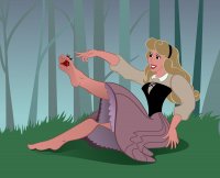 breasts drawing blonde color long_hair toes barefoot skirt smiling dress sitting shrunken_man forest between_toes disney cape trees aurora hairband looking_at_tiny sleeping_beauty kisparlius phillip