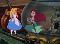 breasts drawing blonde color long_hair blue_eyes water mermaid castle red_hair dress brush table shrunken_woman alice_in_wonderland disney ariel the_little_mermaid fish_bowl hairband seashell_bra alice lonewolf-sparrowhawk
