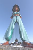 breasts giantess giga city mega black_hair long_hair destruction toes barefoot buildings brown_eyes foot_crush looking_down mountains pants dark_skin jasmine aladdin disney point_of_view necklace earrings top hands_on_hips palace digital_render bare_midriff gtssrg