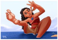 breasts drawing giantess mega black_hair color long_hair toes barefoot skirt water ocean wet brown_eyes island sitting boats dark_skin palm_trees disney necklace native top annoyed pinched bare_legs moana bare_midriff kisparlius