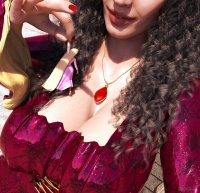 breasts giantess blonde black_hair large_breasts long_hair butt barefoot cleavage dress dangle thighs red_nails milf disney necklace tangled jetslasher pinched looking_at_tiny digital_render rapunzel mother_gothel