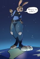 breasts drawing giantess furry earth giga space color bunny toes purple_eyes police police_uniform thighs bunny_girl disney belt dialogue stars cosmic_giantess grey_skin judy_hopps zootopia caiman2 police_officer picjusbro