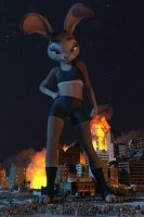 breasts giantess furry city mega destruction rampage buildings purple_eyes fire shorts looming night disney crowds stars hands_on_hips running_away sports_bra debris bare_legs judy_hopps zootopia bare_midriff looking_at_tinies gtssrg