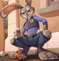 breasts drawing furry tail city color bunny toes buildings fox smiling gloves street police police_uniform shrunken_man pants thighs bunny_girl crouching disney shirt belt teaselbone looking_at_tiny orange_skin grey_skin shrink_spray judy_hopps zootopia nick_wilde police_officer