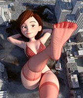 breasts giantess panties city mega destruction rampage cleavage bra brunette stockings brown_eyes lying_down short_hair foot_crush lingerie between_toes thighs milf disney the_incredibles looking_at_tiny elasti-girl pixar clothing_entrapment stocking_entrapment gtssrg