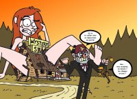 breasts drawing growth giantess nude furry tail mega blonde color long_hair handheld barefoot glasses fairy angry outgrowing_building red_hair french hat freckles disney mouse_girl gravity_falls convenient_censorship drsgrowth mystery_shack yggdra stan_pines
