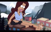 breasts drawing growth giantess mega color long_hair toes barefoot buildings brunette sitting shorts town mountains forest dark_skin disney trees top ripped_clothing latina reporter gravity_falls bare_legs biker bare_midriff lumberjack yetipaco sandra_gimenez manly_dan tyler_cute