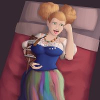 breasts drawing blonde color large_breasts tongue handheld skirt bed green_eyes dress lying_down shrunken_people falling necklace ships earrings pillows hair_buns lilliputians dreamworks looking_at_tinies svenyatta goldilocks puss_in_boots