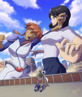 breasts drawing giantess city black_hair color large_breasts robot high_heels buildings green_eyes red_hair short_hair fighting giantesses scientist dark_skin fist sweater shirt belt jumpsuit orange_hair imminent_crush blue_nails mech looking_at_tiny labcoat zerohour99 cartoon_network megas_xlr kiva