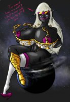 drawing growth nipples giantess white_hair earth alien space color long_hair destruction planet cleavage bra high_heels huge_breasts socks boots sitting queen chain ripped_clothing headband dialogue stars legs_crossed thick_thighs colonel-gabbo sitting_on_planet cupping_breast queen_tyrahnee duck_dodgers black_skin cartoon_network